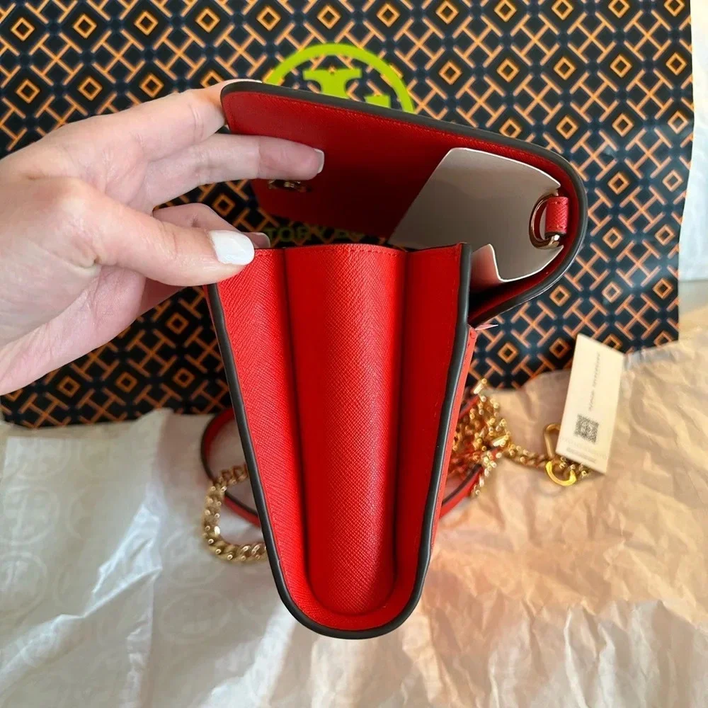 Tory Burch Emerson Chain Wallet Crossbody Bag Bright Samba Gold Red - Picture 10 of 14
